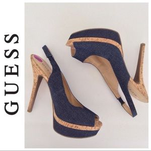 GUESS Denim Cork Platform Slingback heels